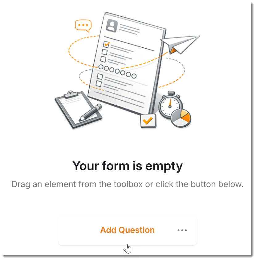 An empty SmartForm V2 page with the "add question" button highlighted.